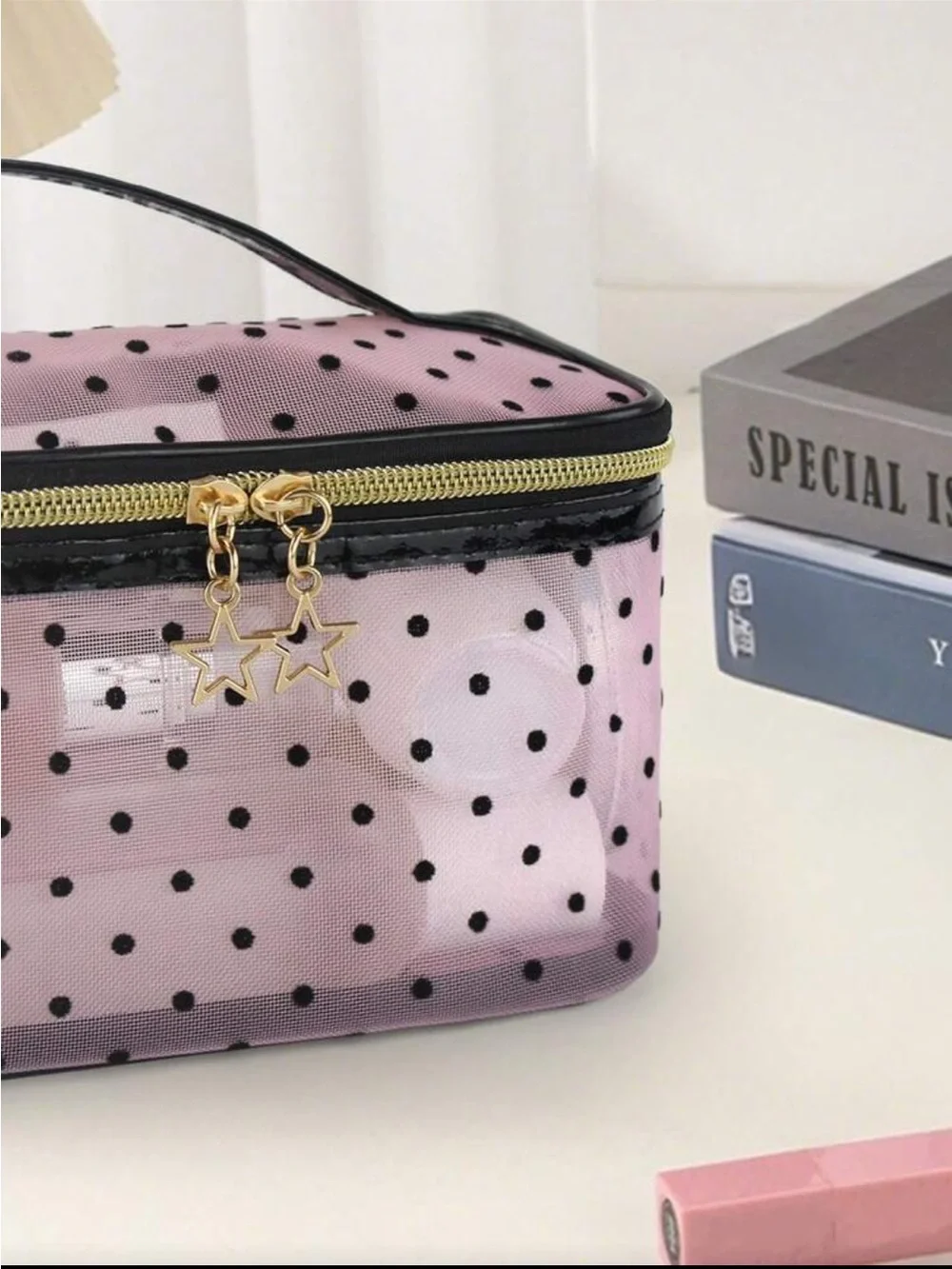 Pink Polka Dot Clear Cosmetic Bag with Star Zipper Pulls